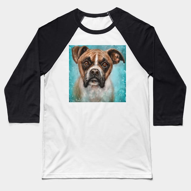 Contemporary Painting of a Brown Boxer Dog with a Curious Expression on Blue Background Baseball T-Shirt by ibadishi